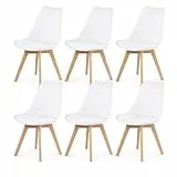 EGGREE 6er Set Esszimmerstühle mit Massivholz Buche Bein SGS Geprüfter, Retro Design Gepolsterter Stuhl Küchenstuhl Holz, Weiß