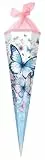 goldbuch 98 155 Schultüte 85 cm Schmetterlingsgarten, Zuckertüte 6-eckig, Geschenktüte mit Schmetterling-Motiv, Geschenkverpackung aus Lackkarton, mit Netzverschluss, ca. 85 x 24 x 20 cm, blau weiß