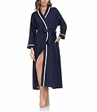 COLORFULLEAF 100% Baumwolle Bademantel Damen Leicht Lange Sauna Morgenmantel Langarm Weiche Kimono mit Taschen Frauen Nachtwäsche(Navy Blau,L)