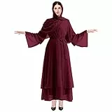 OBEEII Damen Mantel Muslim Lässig Muslim Soild Lange Ärmel Lange Vintage Fasion Kleider Strickjacke in Voller Sonnenschutz mit Hijab Moslemische Normallack-Dubai Kleider Damen Weinrot + Turban M