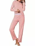 Crewhpo Damen Schlafanzug Langärmliger Pyjama Baumwolle Zweiteiliger Schlafanzüge Set Nachtwäsche Nachthemd mit Lang Pyjamahose Einfarbiger Hausanzug Sleepwear