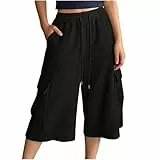 Generisch Sport Shorts Damen,Weites Bein Sport Caprihose Mit Kordelzug Und Taschen Damen Sommer Lockere Lässige Sporthose Gerades Bein Casual Sporthosen Training Fitness Running Gym Wanderhose