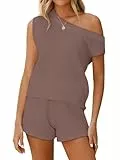 Tankaneo Schulterfreies 2-teiliges Damen-Outfits, Pullover-Set, Shorts, lässig, passende Lounge-Sets 2025, Braun, XXL