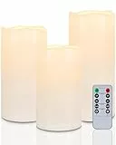 Homemory Wasserdichte Flammenlose Kerzen für den Außenbereich, Batteriebetriebene flackernde LED-Säulenkerzen mit Fernbedienung und Zeitschaltuhr, Kunststoff, Elfenbeinweiß, 3er-Set