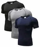 3er Pack Herren Kompressionsshirt Grundschicht Kurzarm Sport T-Shirt Funktions Atmungsaktiv Tops für Männer Schwarz/Grau/Marine 03-M