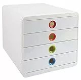 Exacompta 314398D Premium Ablagebox mit 4 Schubladen für DIN A+ Dokumente. Belastbare Schubladenbox mit hoher Kapazität für mehr Platz auf dem Schreibtisch Pop Box weiss/bunt