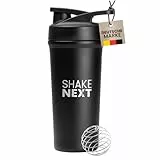 ShakeNext® Edelstahl Shaker [NEUEINFÜHRUNG] - Trinkflasche mit Mixball 700ml, Fitness und Protein Shaker mit auslaufsicherem Druckverschluss, patentiertes Design (Schwarz)