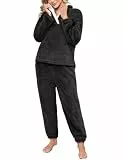 Niwicee Schlafanzug Damen Lang Pyjama Damen 2-Set, Hausanzug Damen Kuschelig Weich Nachtwäsche Sleepwear Pyjamahose,Polar Fleece Oberteile Hosen Warm Anzug Lose Freizeitanzug Mit Tasche (Schwarz,XL)