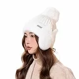 OYIWINMI Strickmützen für Damen, Mütze mit Bommel, Süßer und Niedlicher Stil Damen Mützen Winter,Mütze mit Ohren. (DE/NL/SE/PL, Numerisch, 46, Weiß)