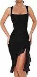 MeeQee Damen Kleider Sexy Gerüscht Midikleid Wickel Abendkleid Bodycon Qauadratischer Ausschnitt Ärmellos Sommerkleid Elegant Rüschensaum Tüll Tankkleid Figurbetontes Partykleid Cocktailkleid