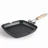LACOR - 25144 - RIBBed SUA Grillpfanne aus 100% freiem PFOA Aluminiumguss, Bilayer Antihaftbeschichtet, Klappgriff Eichenholz, Vollinduktionsboden, Induktionssafe, 24 x 24 x 3,7 cm, Schwarz