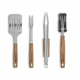 BURNHARD® Grillbesteck-Set 4-TLG. 42 cm, Akazienholz Edelstahl, Grillzubehör mit Grillzange, Grillwender, Fleischgabel und Grillbürste mit extra-Langen Holzgriffen und Aufhänge-Ösen