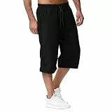 Modaworld Herren Leinen Shorts 3/4 Länge Hosen Sommerhose Strand Yoga Jogger Casual Shorts Sweatpants