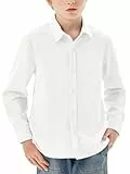Haloumoning Jungen Hemd Langarm Knopfleiste Shirt Regular Fit Casual Freizeit Party Hemden Einfarbig Bügelleicht Formale Schuluniform Oberteile, Weiß, 9-10 Jahre