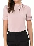 Allegra K Damen 50er Jahre Bluse mit Schleife Schluppenbluse Festliche Blusen Kurzarm Panel Fliege Hals Rüschen Elegant Top Rosa XS