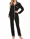 Ekouaer Damen Schlafanzug Lang Pyjama Set mit Knopfleiste Nachtwäsche Weich Sleepwear Oberteil und Pyjamahose Schwarz M