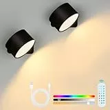 Yeelan LED Wandleuchte Innen 2 Stück, Wandlampe mit Akku, 16 RGB Farben,10 Dimmbar, 3 Farbtemperaturen, Touch und Fernbedienung, 360° drehbare, Kabellose Wandleuchten für Wohnzimmer Schlafzimmer