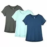 icyzone Damen Sport Fitness T-Shirt Kurzarm V-Ausschnitt Laufshirt Gym Top Funktionsshirt, 3er Pack (L, Dark Grey/True Navy/Aqua)