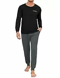 Uniexcosm Schlafanzug Herren Lang Zweiteiler Pyjama Set Herbst Winter Nachtwäsche Rundhals Langarm Oberteil und Pyjamahose Schlafanzüge für Männer Schwarz XL
