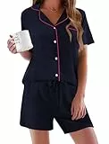 Ekouaer Schlafanzug Damen Kurz Pyjama Set Kurzarm Schlafanzüge Frauen Sommer Hausanzug Kurz Lounge Set Zweiteiliger Sleepwear mit Knöpfen und Taschen,Naviblue,L