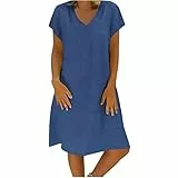 Leinenkleider Damen Leinen Baumwolle Sommerkleider Lockere Knielang Freizeitkleid Elegant Leichte Strandkleid Frauen V Ausschnitt Blusenkleid A Linie Kleider Große Größen Cocktailkleid