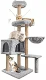 Kratzbaum, 145 cm Katzenbaum Kletterbaum, Aktivitätskratzbäum Kletterturm mit Sisalsäulen, Katzenspielzeug, Katzen Höhle, Plattformen, Liegemulde für Katzen Kätzchen, Grau