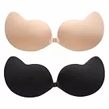 Stycizom Klebe BH Trägerloser Silikon BH 2er Set Schwarz & Hautfarbe Push-Up Unsichtbar Rückenfrei Klebepads für große und kleine Brüste Ideal für Abendkleid Brautkleid rückenfreie Kleidung