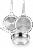 BRA Signature | Set mit 3 Bratpfannen 20-24-26, professioneller Edelstahl 18/10 ohne Antihaftbeschichtung, Boden mit dreifachem Diffusor, geeignet für alle Herdarten & Induktion, polierte Oberfläche