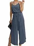Canli4Y Jumpsuit Damen Sommer Sexy Cocktail Elegant Mode Gürtel Overall Hochzeit Hawaii Urlaub Strand V-Ausschnitt Hosenanzug Business Baggy Festlich Spaghettiträger Outfit Grau Blau S