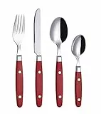 EXZACT Besteckset 24-teilig Edelstahl - mit Niet-Bastelgriffen/Besteck im Retro-Stil - 6 x Essgabeln, 6 x Essmesser, 6 x Esslöffel, 6 x Teelöffel - 6 (Rot)