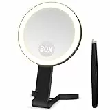 B Beauty Planet Vergrößerungsspiegel mit Licht, Doppelseitiger 30X/1X Vergrößerungsspiegel, Reise-Schminkspiegel mit 3 farbigen Lichtern, Faltbarer Makeup-Spiegel mit Tweezer, Handheld/Tabletop