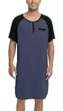 Enjoyoself Herren Nachthemd Kurzarm Baumwolle Langes Schlafshirt mit Knopfleiste Leicht Luftig Jersey Henley Nachtwäsche dunkelblau,4XL