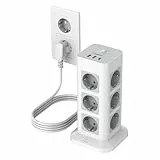 TESSAN Mehrfachsteckdose Überspannungsschutz 3600W 16A, 12 Fach Steckdosenleiste mit USB C und 2 USB A, Steckerleiste mit Verlängerungskabel 2M, Steckdosenturm Verteilersteckdose für Zuhause, Grau