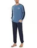 Crewhpo Schlafanzug Herren Lang Baumwolle Zweiteiliger Pyjama mit Rundhalsausschnitt Einfarbiger Schlafanzüge Männer Warm Nachtwäsche Langarm Loungewear Winter