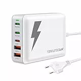 LAMJAD 100W USB C Ladegerät, PD GaN III Netzteil, 5 Port Schnellladegerät [3 USB C + 2 USB A] Kompatibel Mit iPhone 14/13/12, iPad Pro, Galaxy S22/S21, Pixel (Weiss)