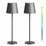 uuffoo 2 Stück LED Akku Tischlampe Outdoor Tischlampe Kabellos Touch Metall Tischlampe Warmweiß und RGB und IP44 wasserdicht für Schlafzimmer Lesen Arbeit Bar Restaurant (Grau)