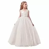 XINYUNZU Prinzessin Kleid Mädchen Tüllkleid Lang Pailletten Abendkleider Glitzerkleid Kinderkleider Festlich Blumenmädchenkleider Dress Girls Kleider für Kinder und Teenager Weiß 14-15 Jahre