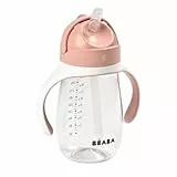 BÉABA - Trinklernbecher - 2 in 1 Babyflasche - Kindertasse mit Strohhalm - 100% dicht - Leicht zu öffnen - Abnehmbare Griffe -Tritan und Silikon - 300 ml - Rosa