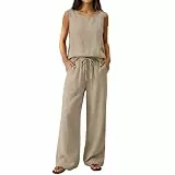 Zweiteiler Damen Sommer Trainingsanzug 2-Teiliges Set Ärmellos Tops und Weite Musselin Hose Baumwolle Outfit Einfarbig Jogginganzug Lässig Tracksuit Freizeitanzug Loungewear mit Taschen
