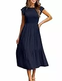 CMTOP Sommerkleid Damen Lang Kleider Sommer Casual Flatterärmel Strandkleid Rüschen Gerüschte Maxikleid Rundhals Elastische Taille Sommerkleider Knielang Gestuftes A Linien Kleid(Marineblau, XL)
