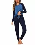Aseniza Schlafanzug Damen Lang Baumwolle Winter Pyjama Set Langarm Warm Loungewear Dunkelblau L