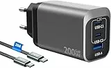 USB C Ladegerät 200W, Laptop Schnellladegerät mit 2M SchnellLadekabel, GaN 3-Port Mehrfach Netzteil Laptop USB Charger Power Adapte kompatibel mit MacBook Pro 16/15/14/13 Zoll/iPhone 16 Pro Max/16/15
