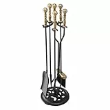 VEVOR Kaminbesteck-Set, 5-teiliges Ofenbesteck-Set, fünfzackiger Ständer, Zange, Ascheschaufel, Bürste, Schürhaken, Kaminzubehör aus Schmiedeeisen für drinnen und draußen, Schwarz und Messing