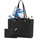 RAINSMORE Handtasche Damen 15,6 Zoll, Shopper Tasche Tote Bag Damen Groß mit Clutch, PU Leder Aktentasche Laptoptasche für Business, Schule, Arbeit, Schwarz