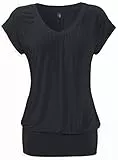 DOTIN Damen T-Shirt V-Ausschnitt Kurzarmshirt Causal Oberteil Falten Tops Stretch Tunika Basic Tee, Schwarz, L