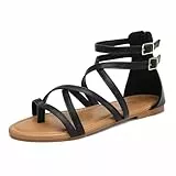 katliu Riemchensandalen Damen Flach Römersandalen Sommer Leder Bohemian Strand Sandalen Matte Black 39