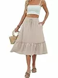 Kfnire Rock Damen Sommer Elastische Taille Midirock mit 2 Taschen A-line Rüschen Röcke für Damen Pendeln Freizeit und Urlaub (Hellbeige, XL)