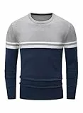 Meilicloth Pullover Herren Winter Strickpullover Gestreifter Kontrast Rundhalsausschnitt Feinstrick Pullover Warm Wollpullover Freizeitpullover Winterpullover Männer Langarmshirt Slim Fit Grau-11 L