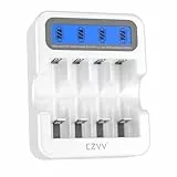 czvv Wiederaufladbares AA AAA 4-Slot-Lithium-Batterieladegerät mit LCD-Anzeige, Schnellladefunktion, Überladungsschutz, Typ C-Eingang(Weiß)