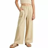 Rolanko Mädchen-Hose mit Weitem Bein, Fließender Paperbag Stil Elastische Taille Sommer Palazzo Hose mit Taschen für lockere Passform, Khaki, 11-12 Jahre/160